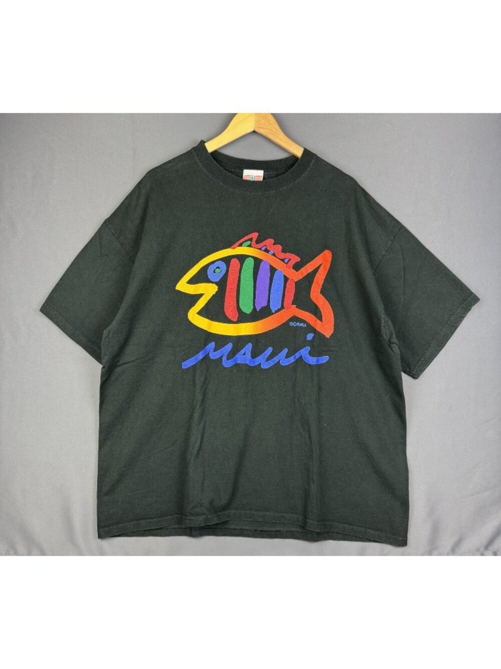 Vintage 90s Maui Hawaii Fish Art Multicolor Black Shirt Surf Beach Black Shirt